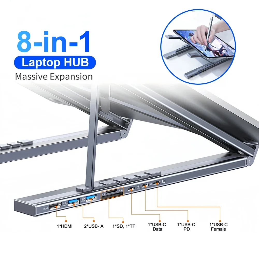 8-in-1 Bracket Docking Station Aluminium Alloy Laptop Holder Hub TYPE-C to HD Adapter 4K PD100W USB3.0 5Gbps Hub USB Splitter