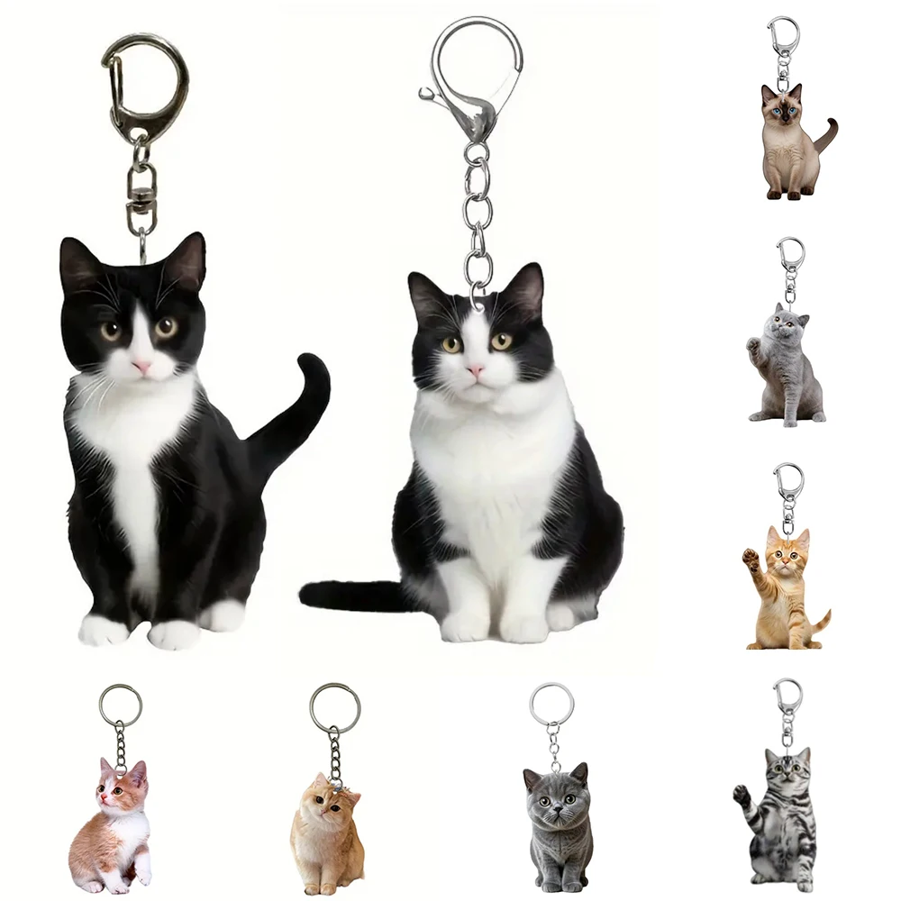 Women Cute Acrylic Cat Key Chains Lovely Black White Cat Pendant Children Funny Keychains Girls Schoolbag Ornament Jewelry