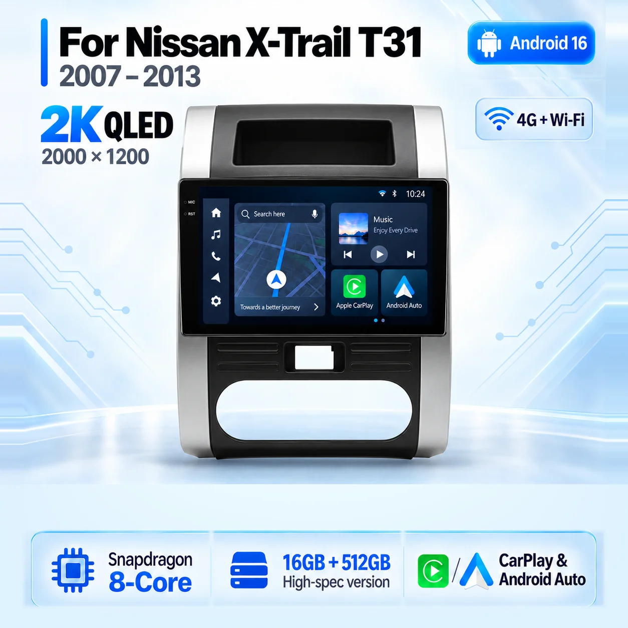 Android 16 Carplay Auto 2K Screen Car Radio BT Multimedia Player Video For Nissan X Trail T31 2007 - 2013 2 Din Autoradio Stereo