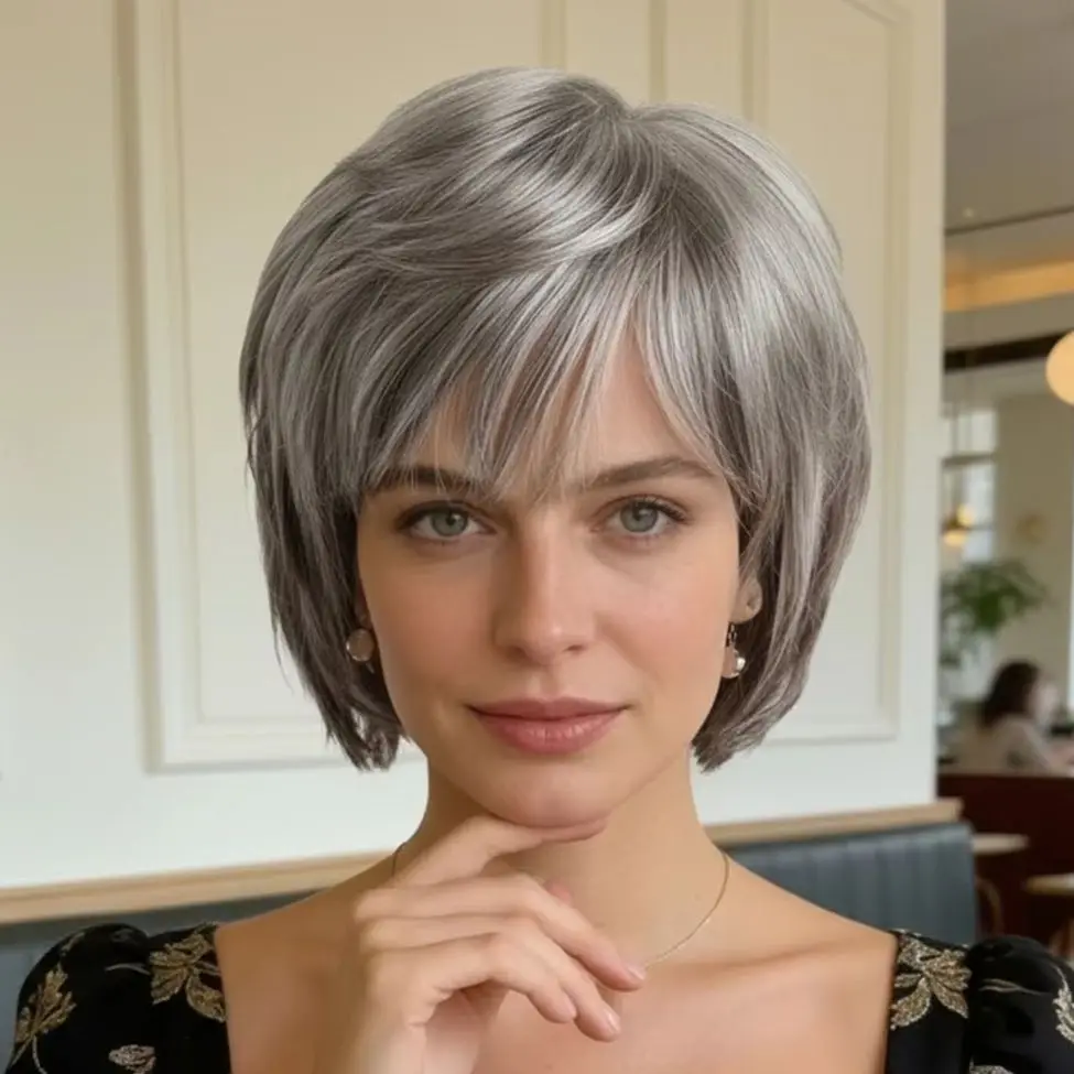 10 Inch Short Curly Wavy Wig with Hair Bangs Imported Premium Synthetic Fashion Brown Hair Wigs for Women