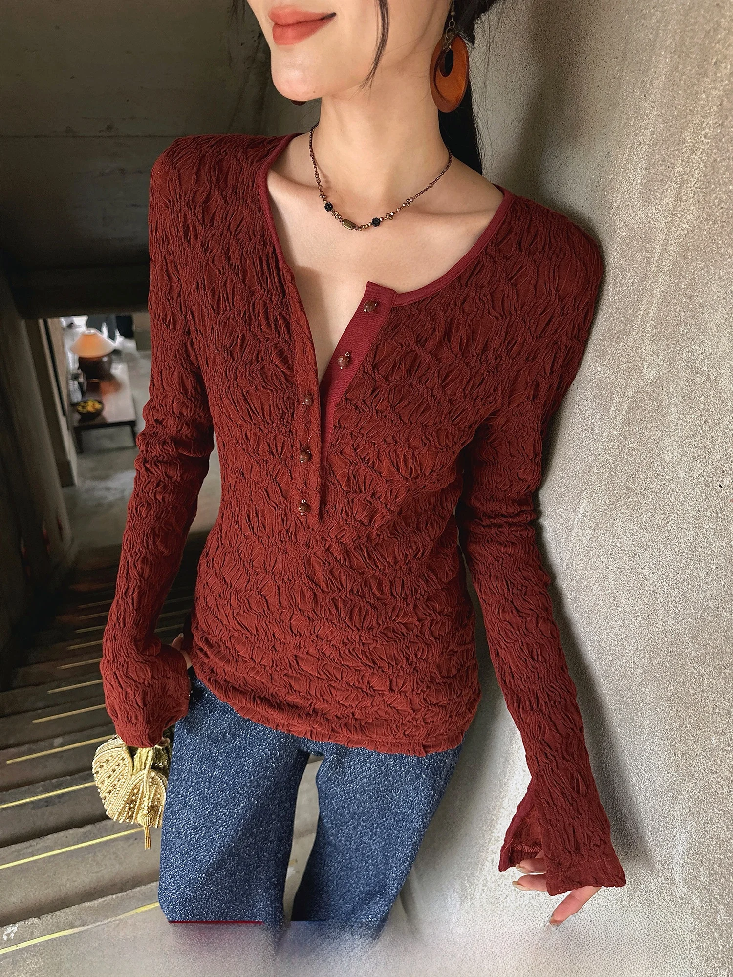 

Sanji Bla Flower New Chinese Sle Early Autumn Pleated Long Sve Knitted Top Boting irt Casual Slim Fit Medium Soft...