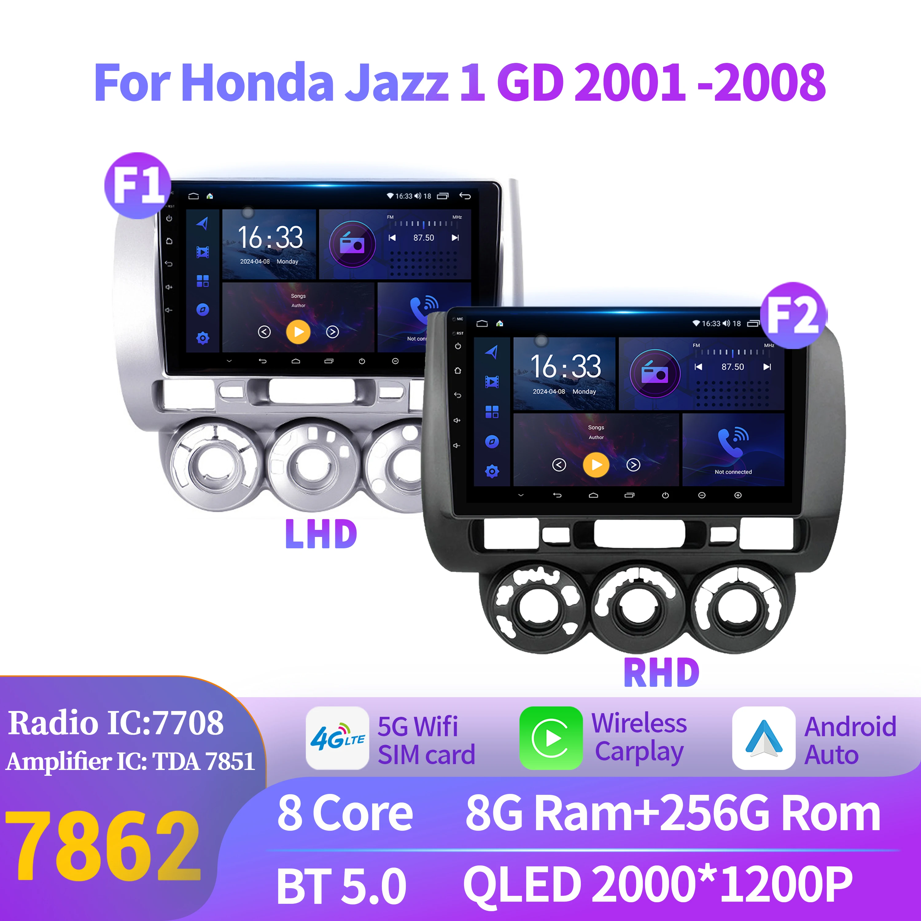 

For Honda Jazz 1 GD 2001-2008 Car Radio Multimedia Navigation GPS Wireless Android 14 CarPlay Touch 2K QLED Screen Stereo