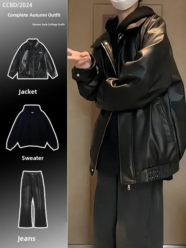 

Bla Leather Jaet Men's Faion Autumn Clete Set High-End Nas Cool American Motorcycle Jaet Youth ular Polyester...