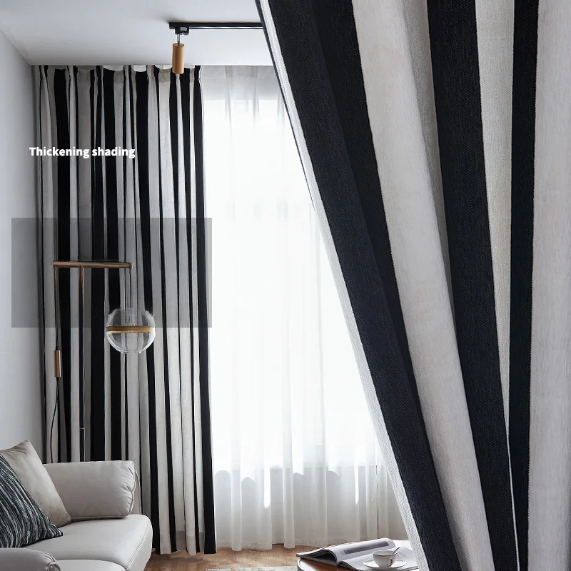 Vertical Stripe Black White Chenille Jacquard Luxury Curtains for Living Room Bedroom High-end Art Studio Modern Blackout Custom