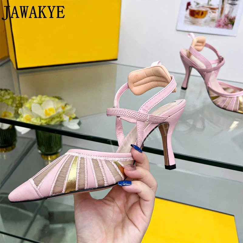 Luxury Designer High Heels Color Blocking Women Slingbacks Party Shoes Embroidery Leather Mesh Sandals Summer Dress Shoes Women