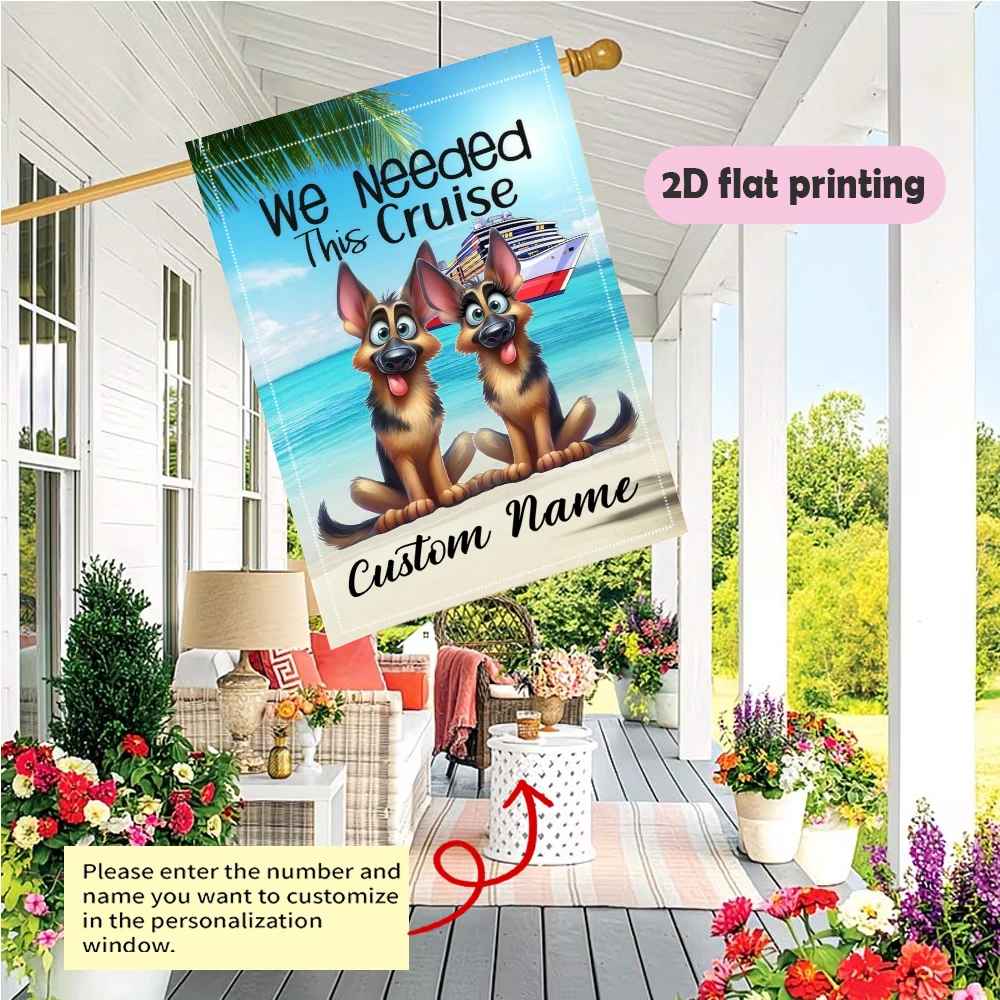 Garden Flag Custom Name Cruise Flag With Two German Shepherds On The Beach In Front Of A Ship Durable Outdoor Flag