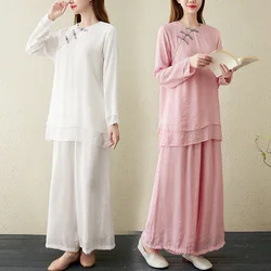 Autumn Zen Women's Clothing Retro Traditional Chinese Style Cotton and Linen Two-piece Suit Buddhist Meditation Tea Zen Sets