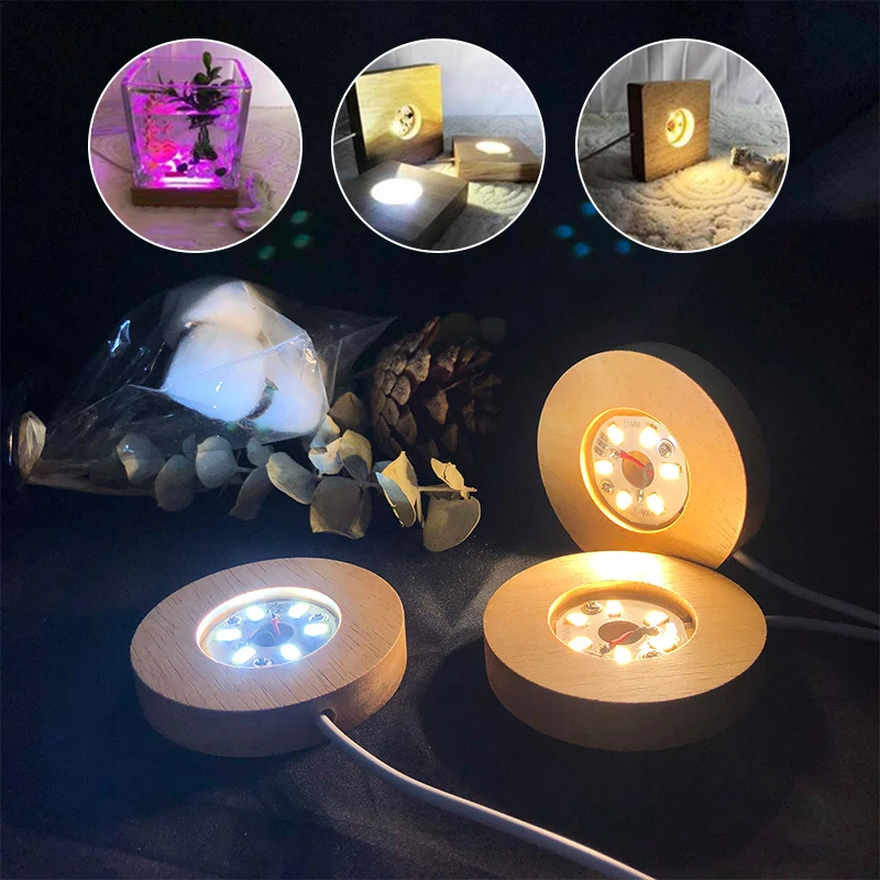 1PC Crystal Glass Wooden LED Light Resin Display Base Art Ornament Wooden Night Lamp Base Home LED Light Rotating Display Stand