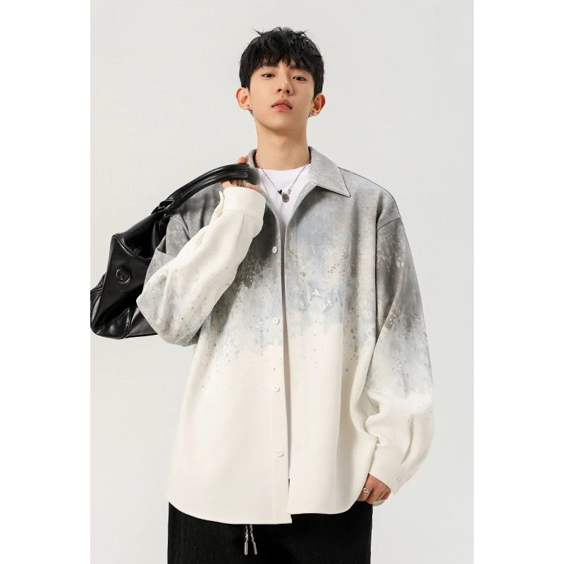 

Plus Size M-5XL Men's Tie-Dye Single Breasted Turn Down Collar Shirt Stylish Fall Long Sleeve Casual Shirt for Big & Tall Men