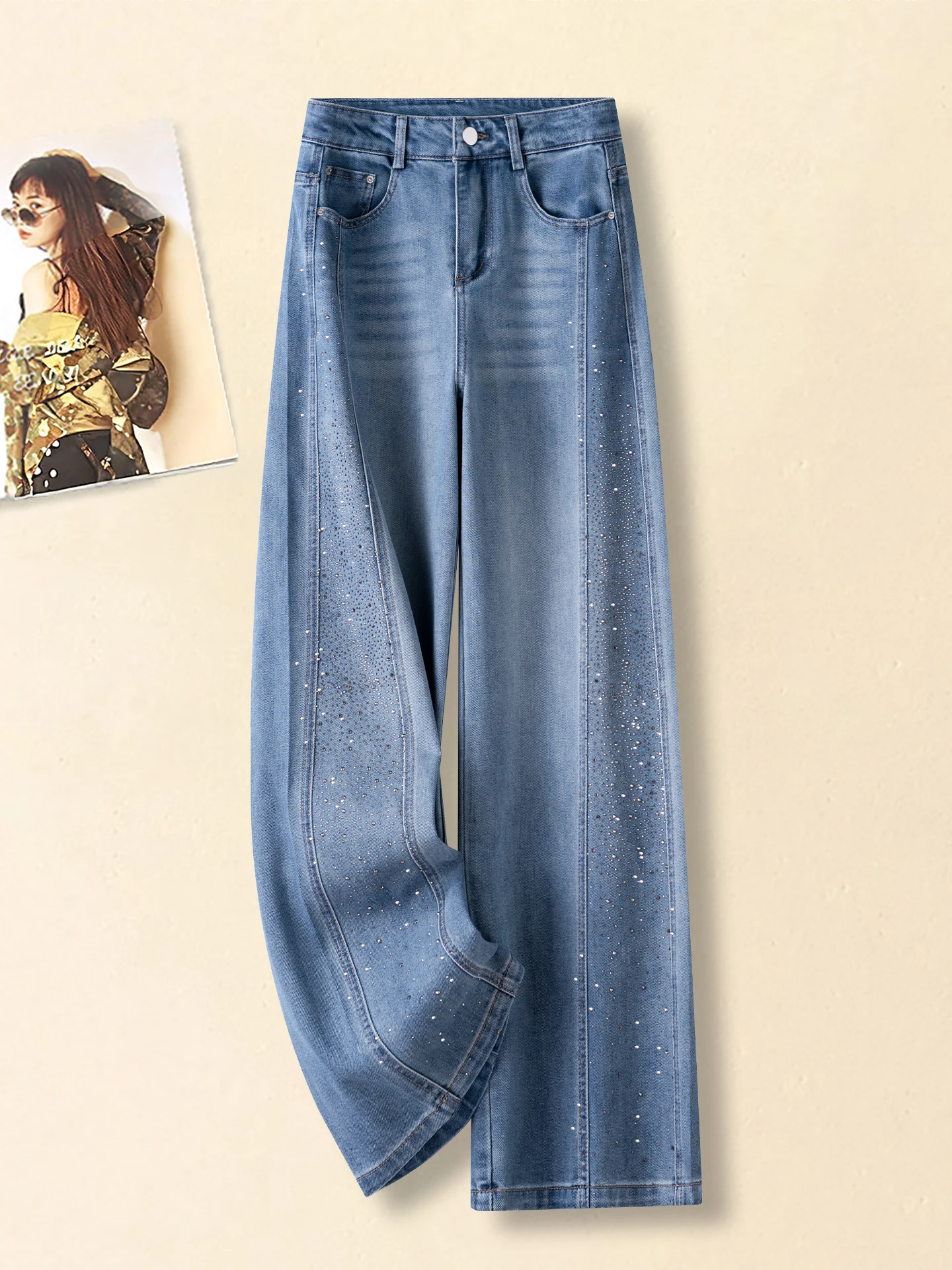 

Trendy High Waist Loose Women's Denim Jeans with Rhinestones Wide Leg Spring Autumn 2026 New Style Casual Cotton Blend