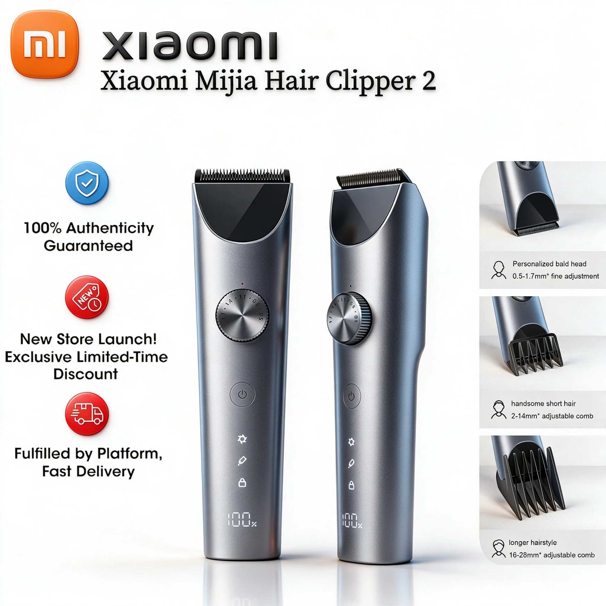 Xiaomi Hair Clipper 2 Cordless Professional Electric Hair Trimmer Rechargeable USB Type C IPX7 Waterproof LED Display Men