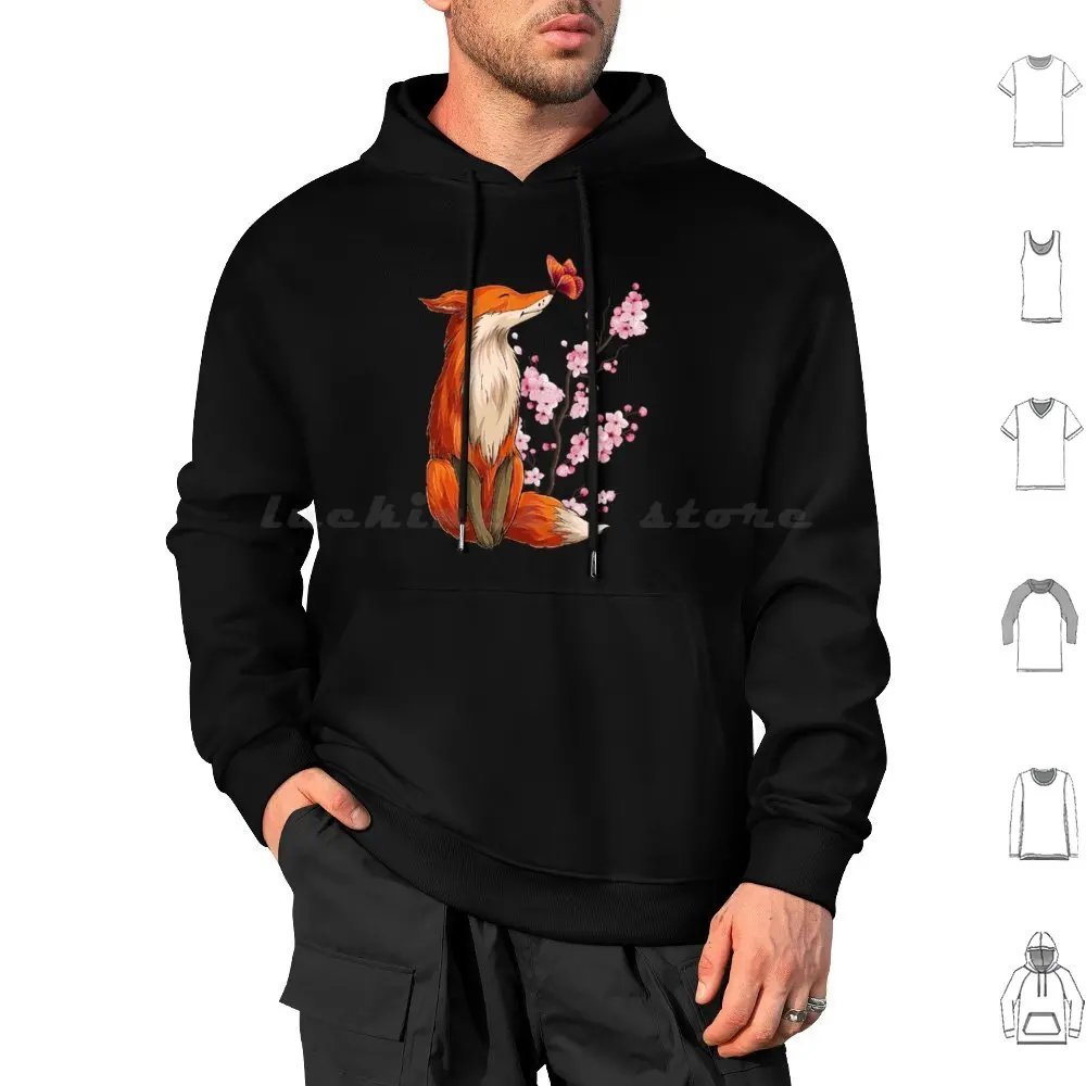 Japanese Fox Cherry Blossom Flower Sakura Trees Kawaii Hoodies Long Sleeve Foxes Japanese Cherry Blossoms Fox Lovers