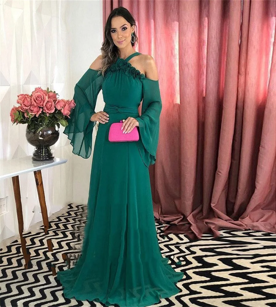 Dark Green Dubai Evening Dresses 2025 Off Shoulders Chiffon Prom Dress Elegant Holiday Long Sleeve Formal Occasion Customized