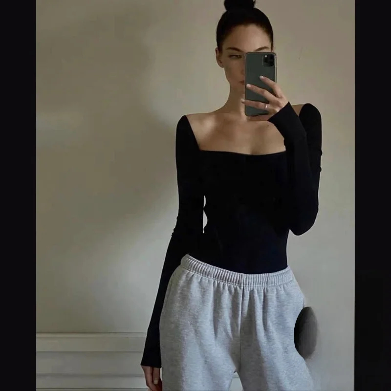 

Kubiliv Bla White Square Collar One oulder Base Layer Versatile Slimming Women's T-irt Summer Cotton Blend Elastic Fiber