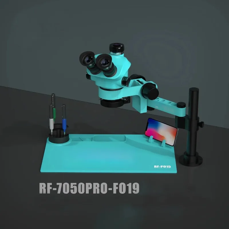 4K Trinocular Stereo Microscope RF7050TVPRO-F019, 360° Rotating Articulating Arm Stand for Phone Soldering & PCB Repair