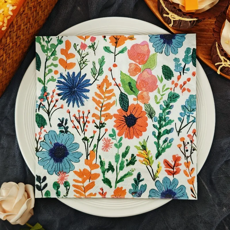 20pcs 33cm 2Layer Romantic Countryside Style Meal Towels Colorful Flowers, Leaves, Printed Party Towels DIY Decoupage Paper