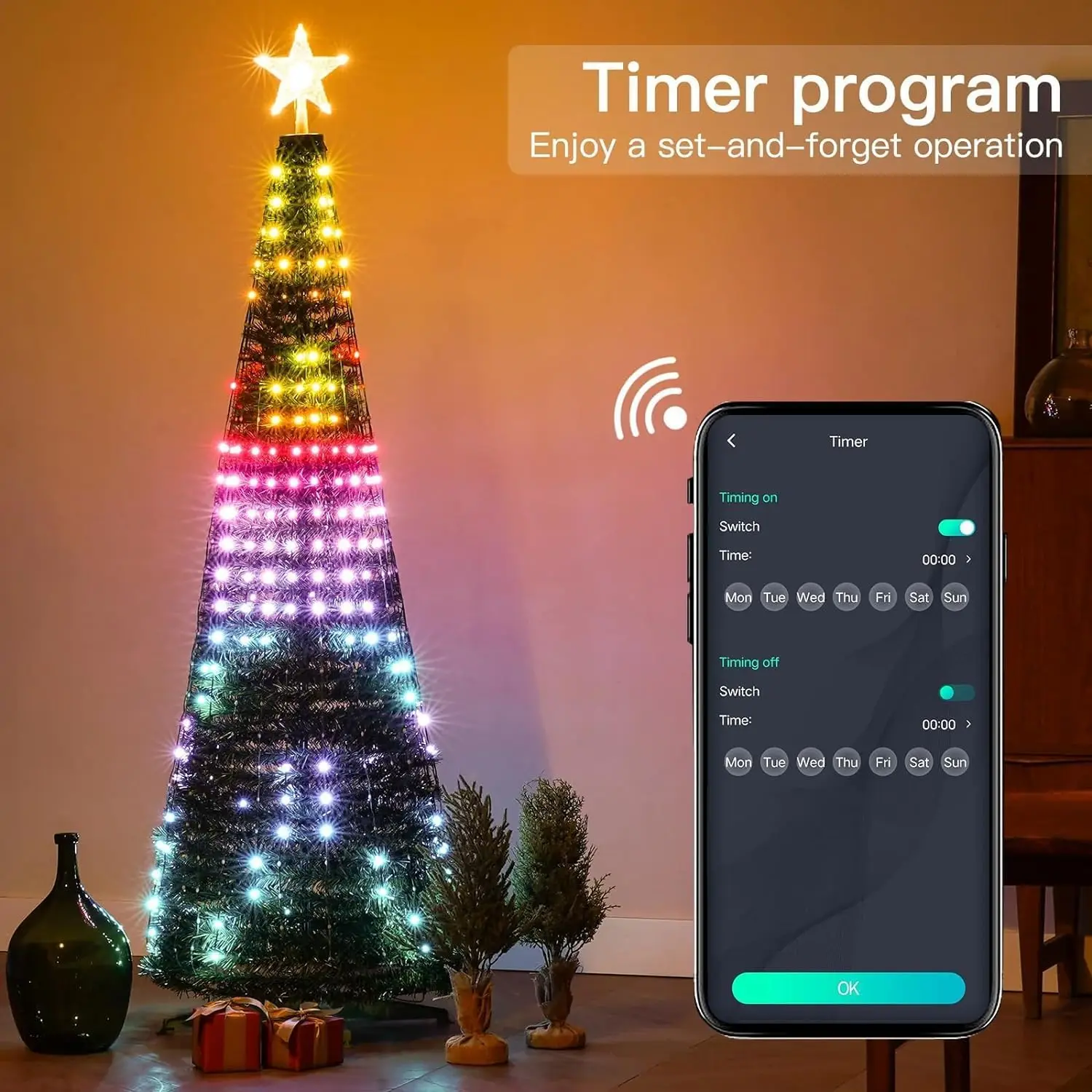 Adornos inteligentes para árbol de Navidad, luces multicolores de hadas LED, cadena de estrellas, cascada, aplicación de Navidad, Bluetooth, patio de casa, programado DIY