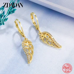 ZDADAN 925 Sterling Silver 18K Gold Feather Drop Earrings For Women Wedding Jewelry