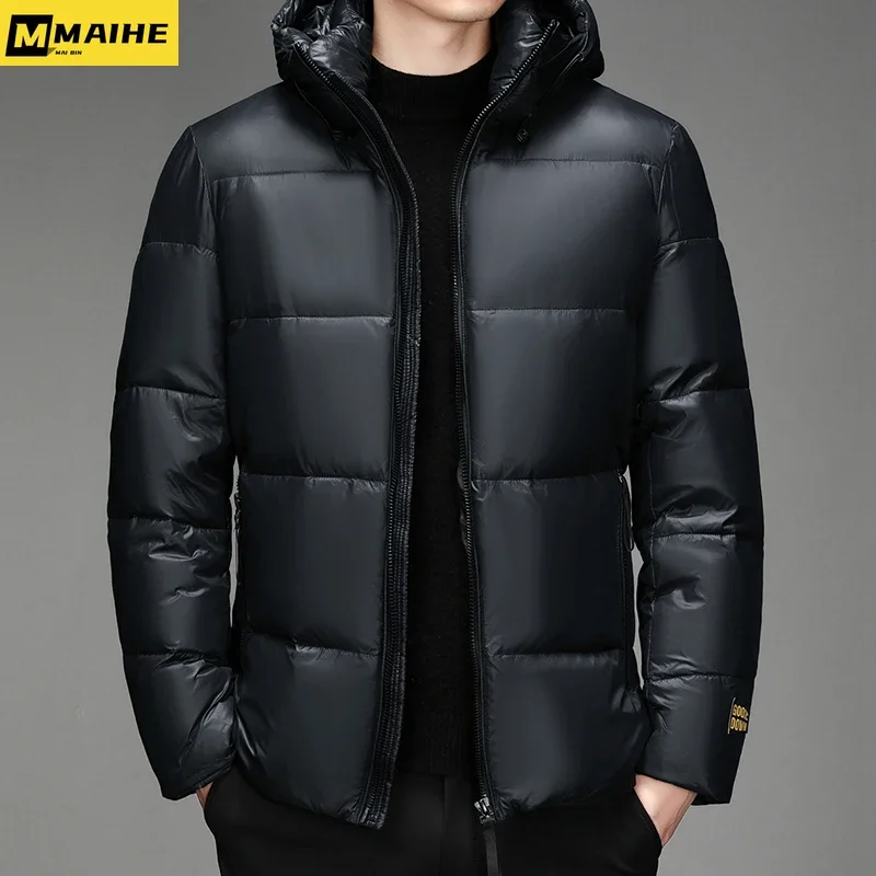 Men's down jacket Short hooded black gold bright Winter jacket 2023 Street wear Men women Korean trend ski white goose down coat