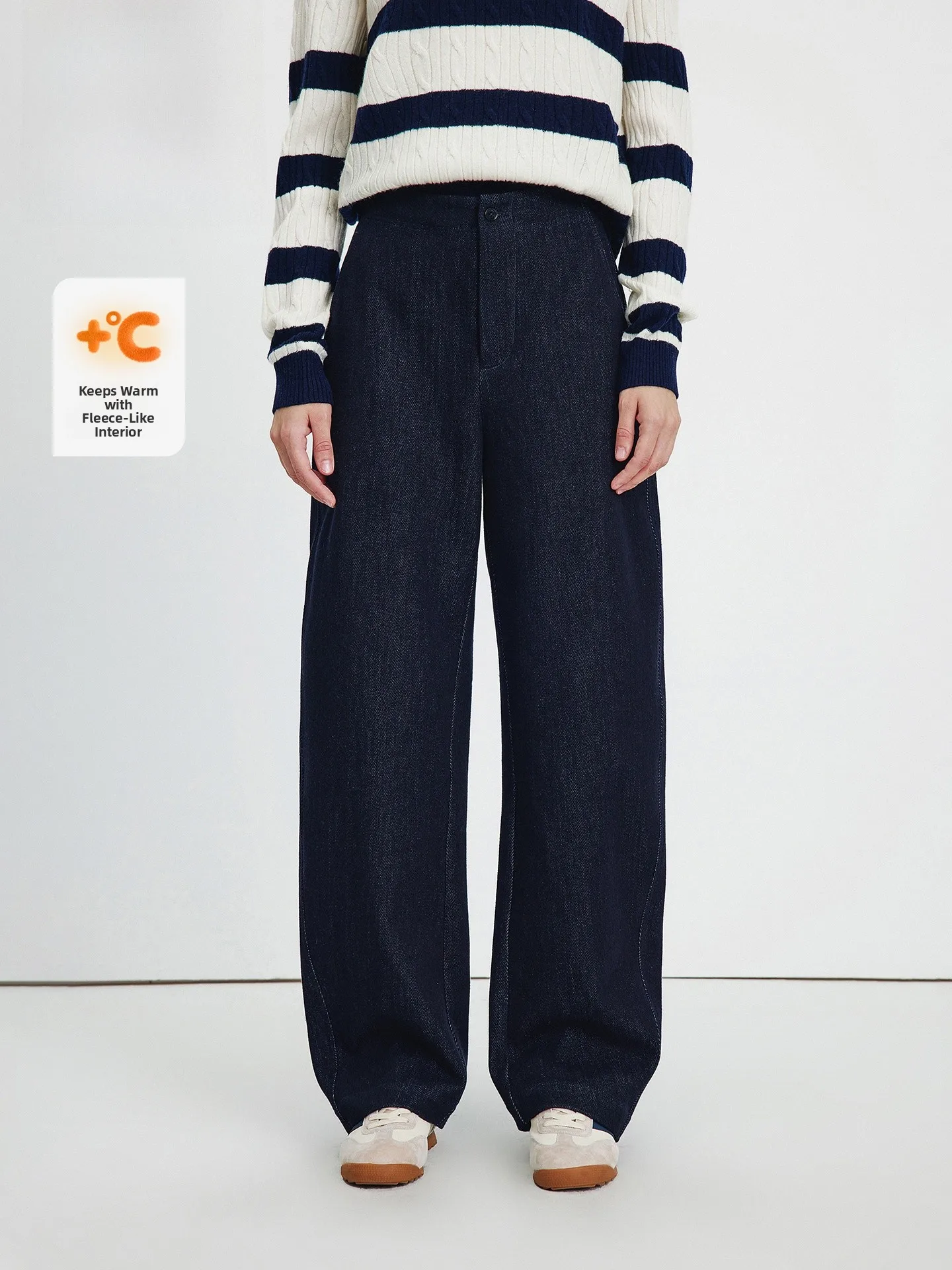 

Navigare Casual Thiened Fce Lined Elastic Waist Denim Jeans Women's Frayed Warm Banana Pants Commute Autumn Wear