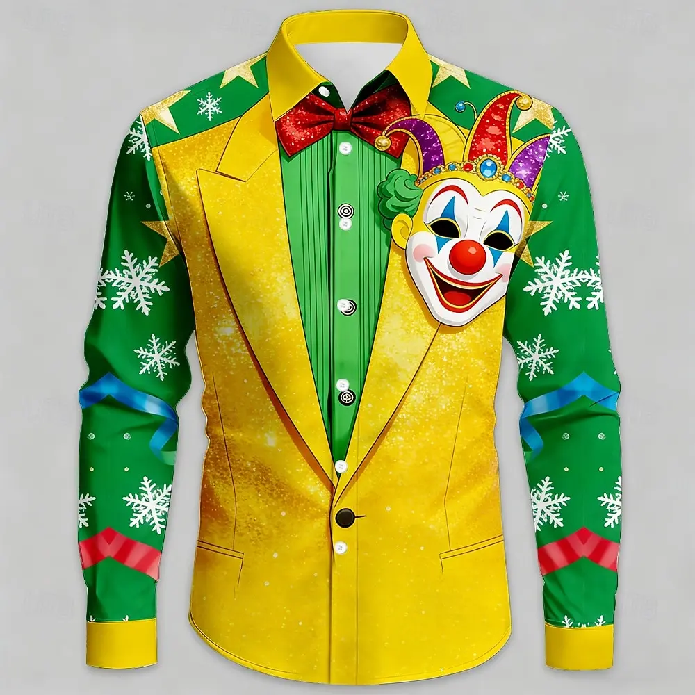 

Mardi Gras Men's Carnival Faux Collar and Suit Design Mask with Feathers Shirt Button Up Shirt Long Sleeve Fashion Spring Fall