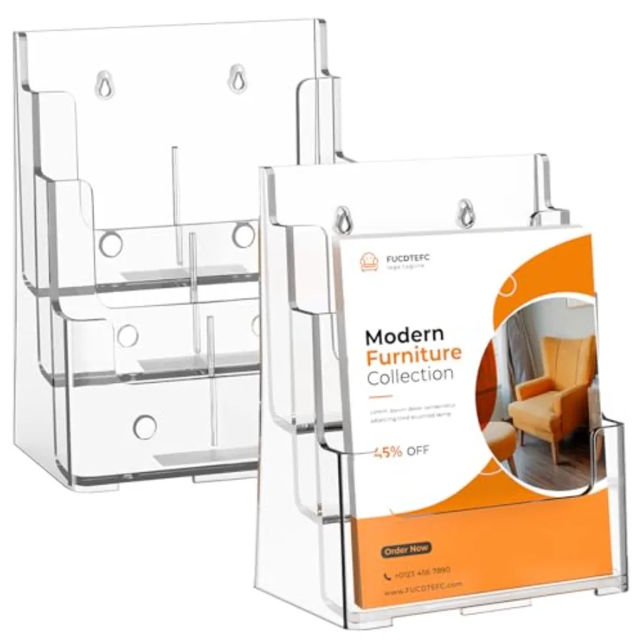 

2 упаковки акриловых держателей для брошюр, 8,5x11 и 4x9 дюймов, универсальная прозрачная 3-уровневая подставка для журналов, подставка для брошюр со съемной подставкой