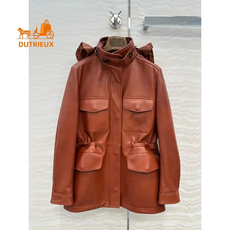 Winter Women's Adjustable Waist Traveler Stand Collar Hooded Leather Jacket, 100% Genuine Sheepskin Versatile and Gorgeous Coat