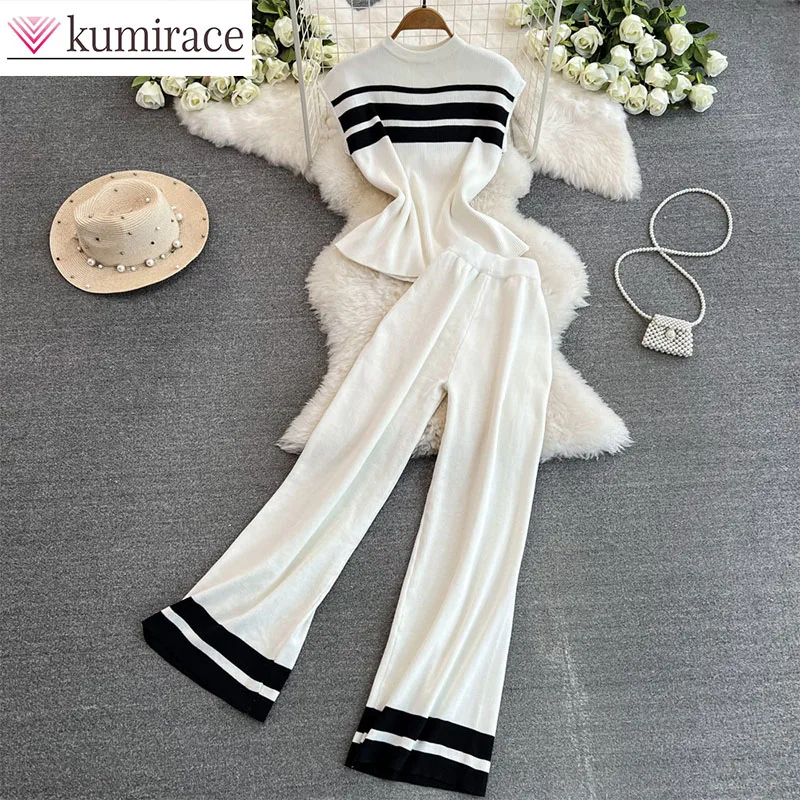 

Fashion Suit Women's Korean Version Sleeveless Slim Knit Top Two-piece Set Casual High Waist Straight Leg Wide Leg Pants Sets