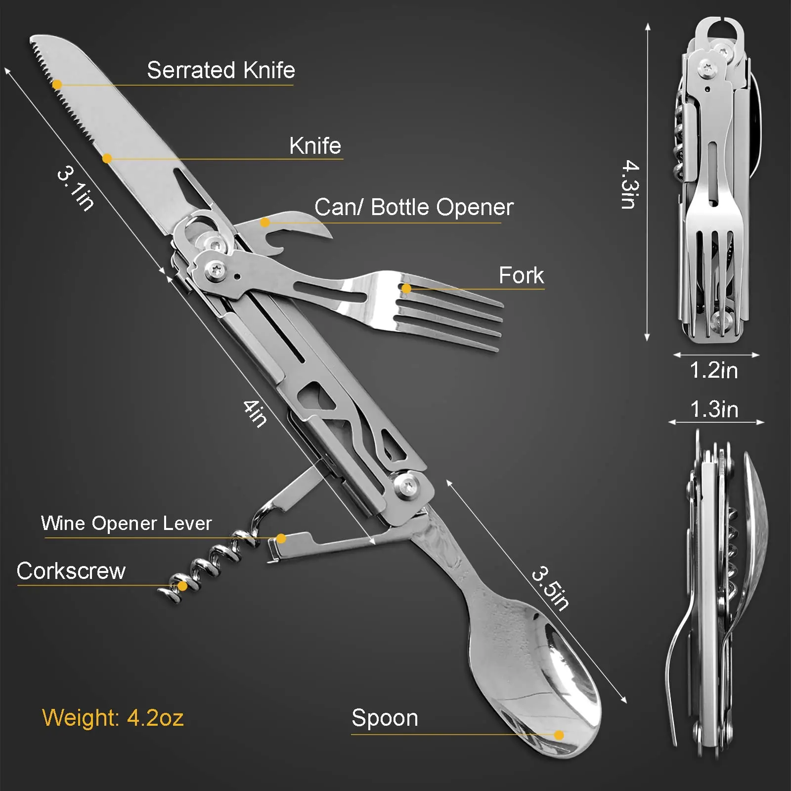 YANBIGUO 6-in-1 Detachable Camping Utensils Flatware Set-Multi-Function Travel Pocket Cutlery Folding Spoon,Knife,Bottle Opener