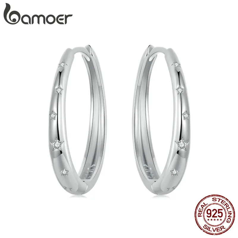 BAMOER Genuine 925 Sterling Silver Starry Ear Buckles Pave Setting CZ Star Hoop Earrings for Women Daily Wearing Fine Jewelry