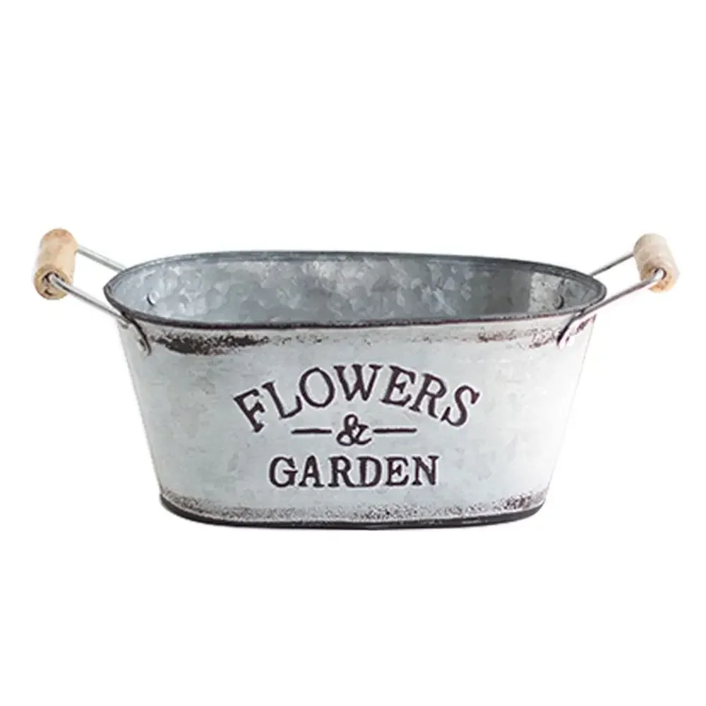 Rustic Iron Oval Flowerpot Wooden Handle European Style Retro Flower Vase Pastoral Wooden Flower Bucket Succulent Plants