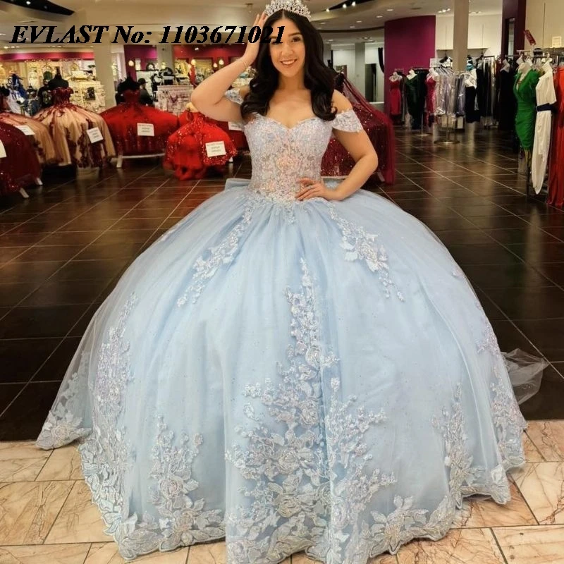 

EVLAST Blue Quinceanera Dress Ball Gown Lace Applique Beaded Diamonds Bow Mexico Corset Sweet 16 Vestidos De XV 15 Anos SQ80