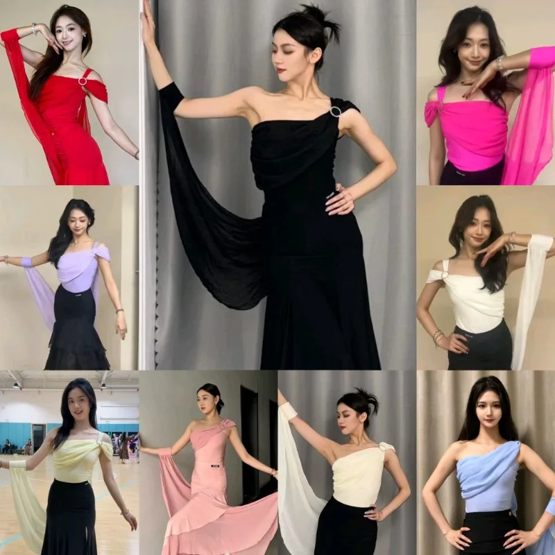 Vestido de baile latino moderno personalizado, vestido de práctica, ropa de clase de rendimiento, Top de hilo revoloteador con hombros inclinados para adultos