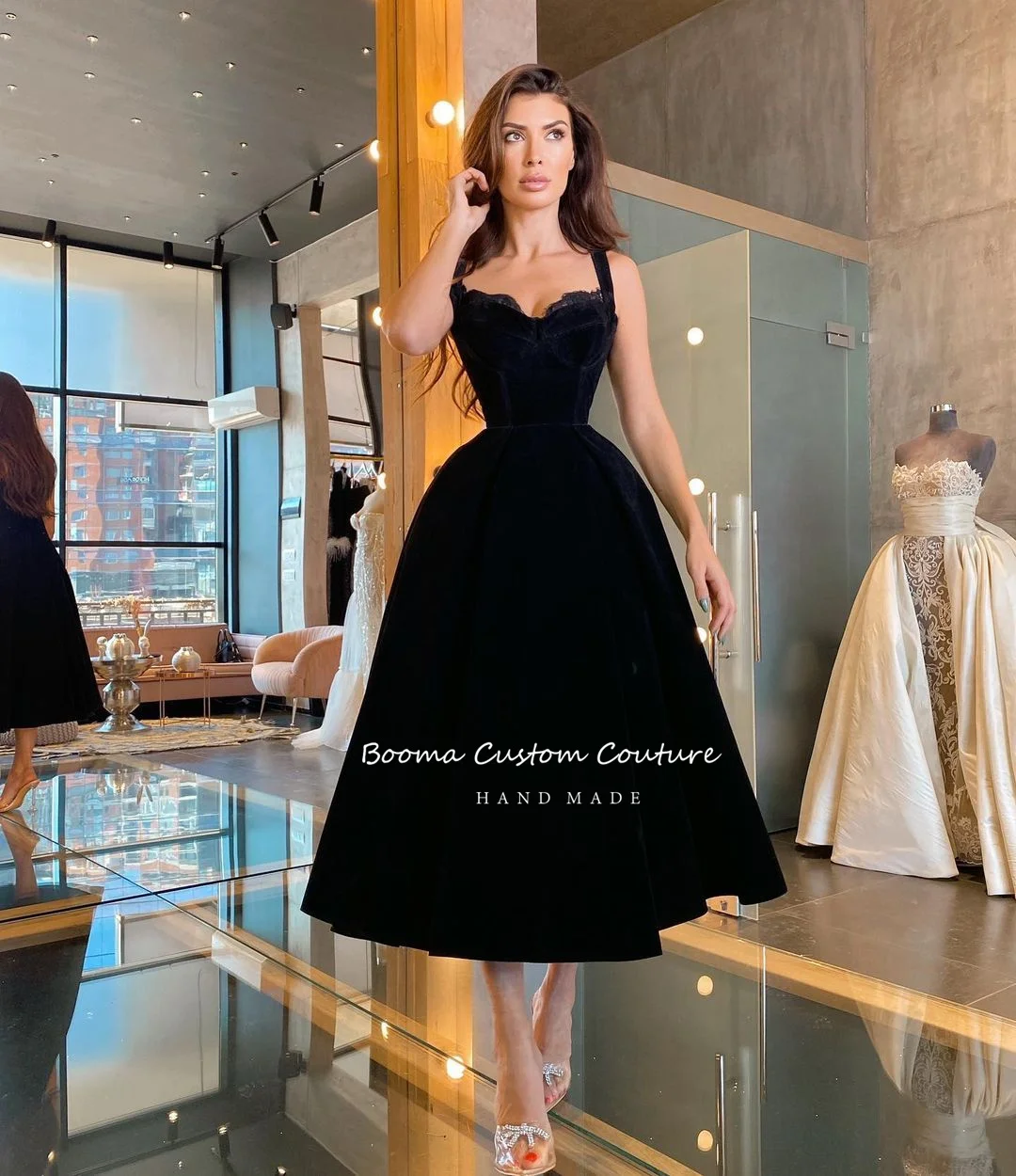 Booma Black Velvet Short Prom Dresses Sweetheart Tea-Length Prom Gown Spaghetti Straps A-Line Formal Party Dresses Customizd