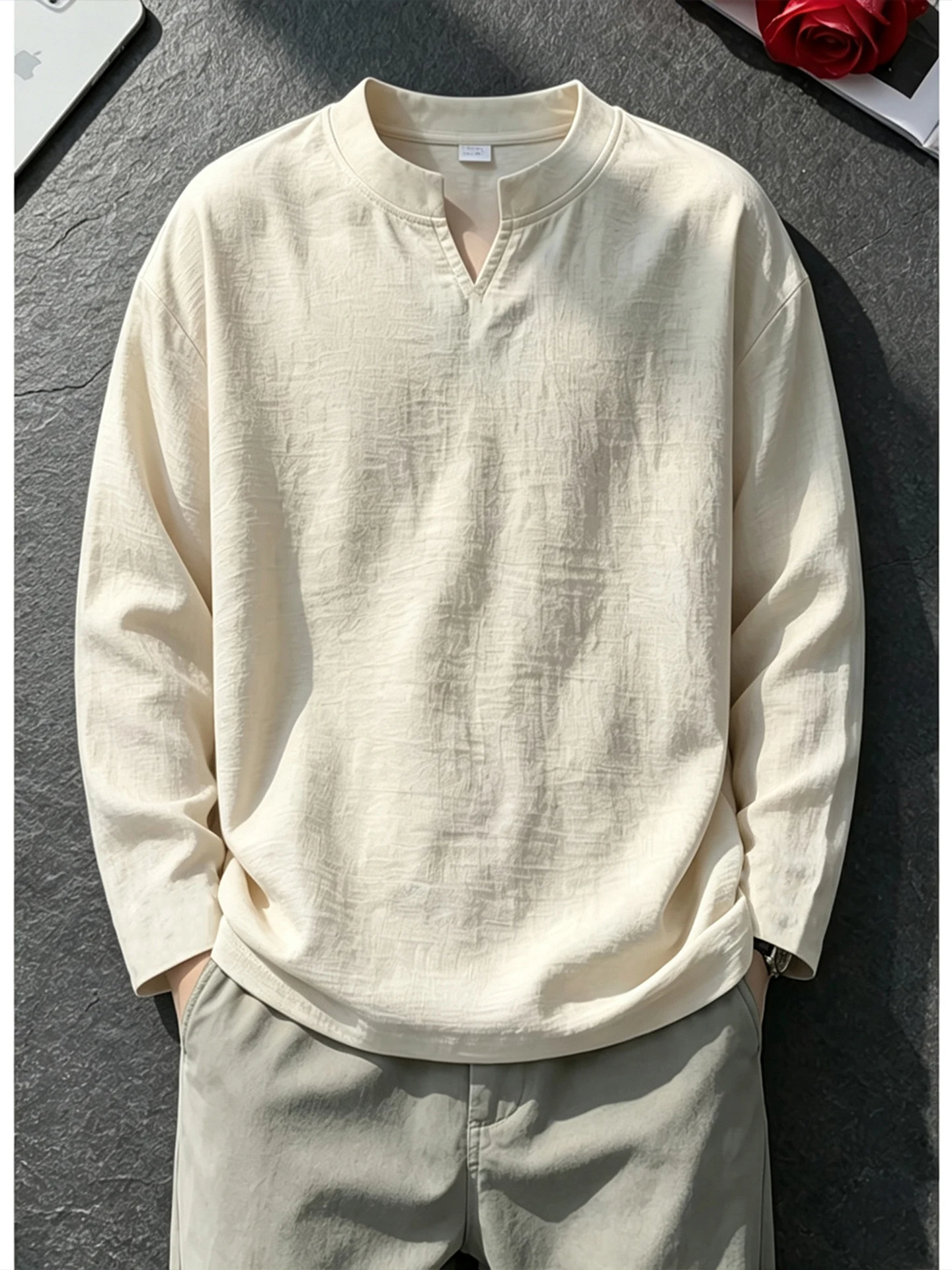 Early Autumn Men's Long Sleeve V-Neck Linen-Like T-Shirt Base Layer Top Peach Color Loose Fit High-End Feeling Inner Wear