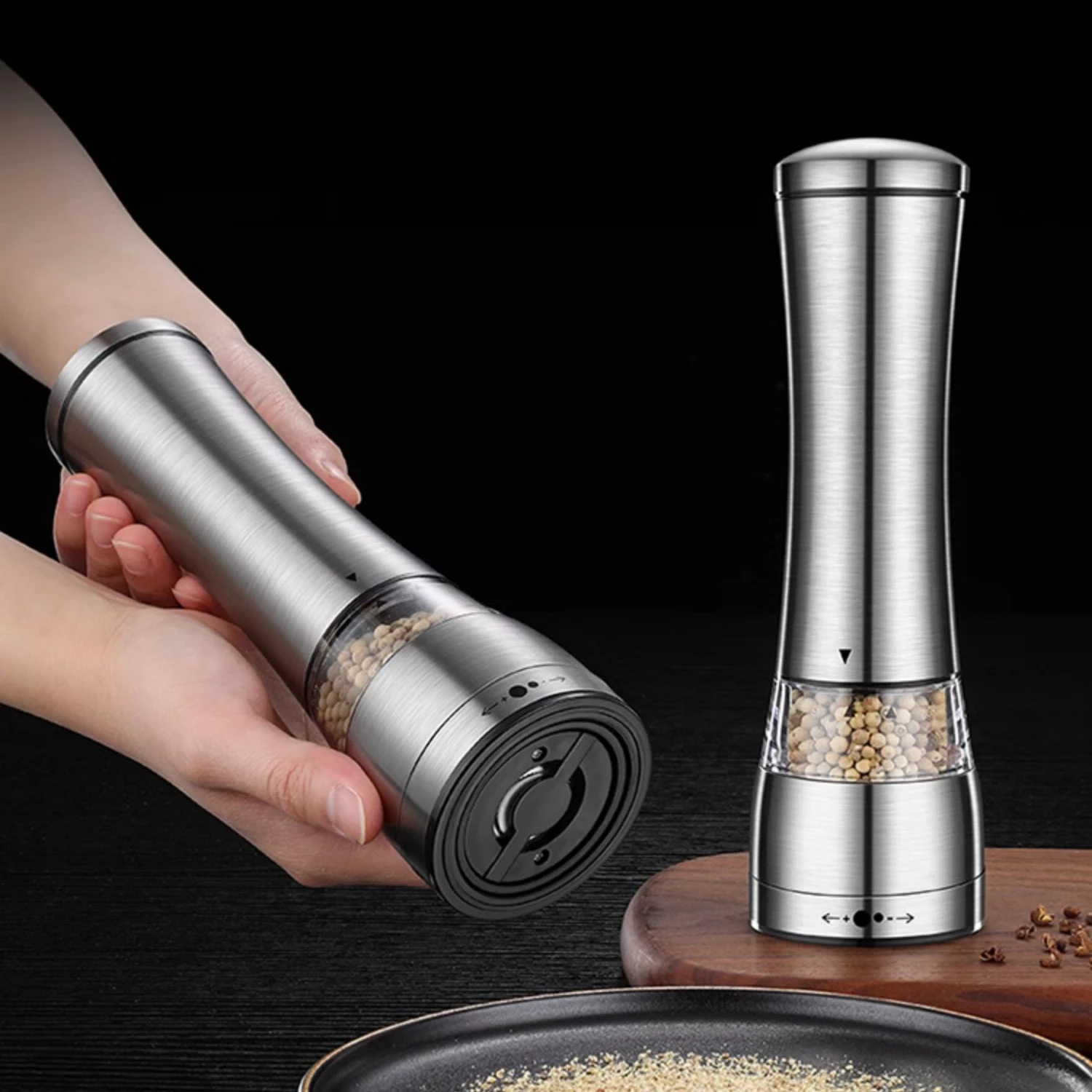 

LFGB Certification Pure 304 Stainless Steel Manual Pepper Mill Adjustable Thickness Salt Grinder Ergonomic Kitchen Mincer