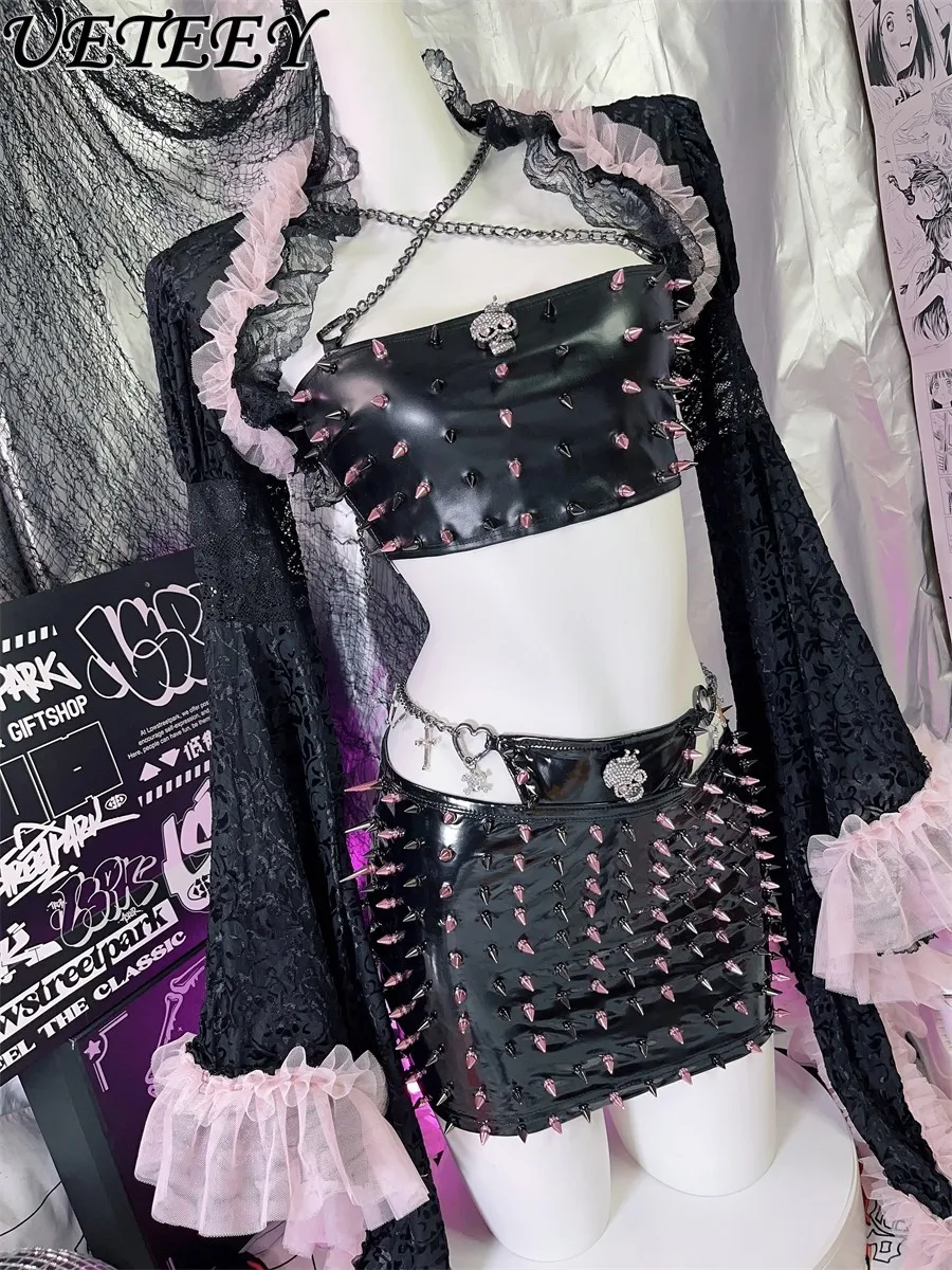

European American style Y2K Millennium Spice Girls black Goth Sexy Riveted Tube Top and short Hip Skirt Jacket Punk Tide Suit