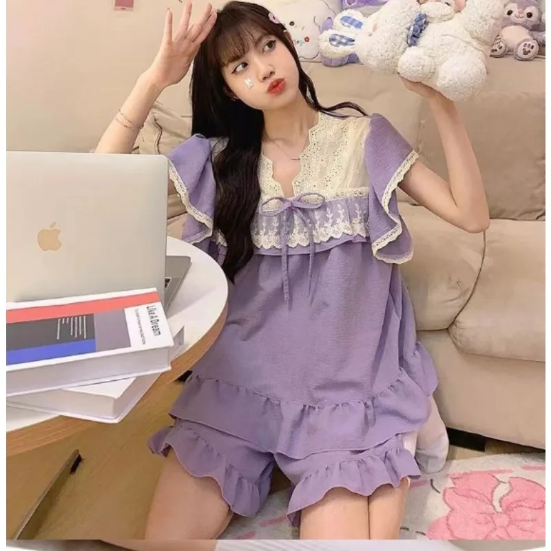 New Good-looking Sleepshirts Princess Style Lace Short Sleeve Peplum Loose Nightgown Ladies Home Wear  Summer Style pajama Sets