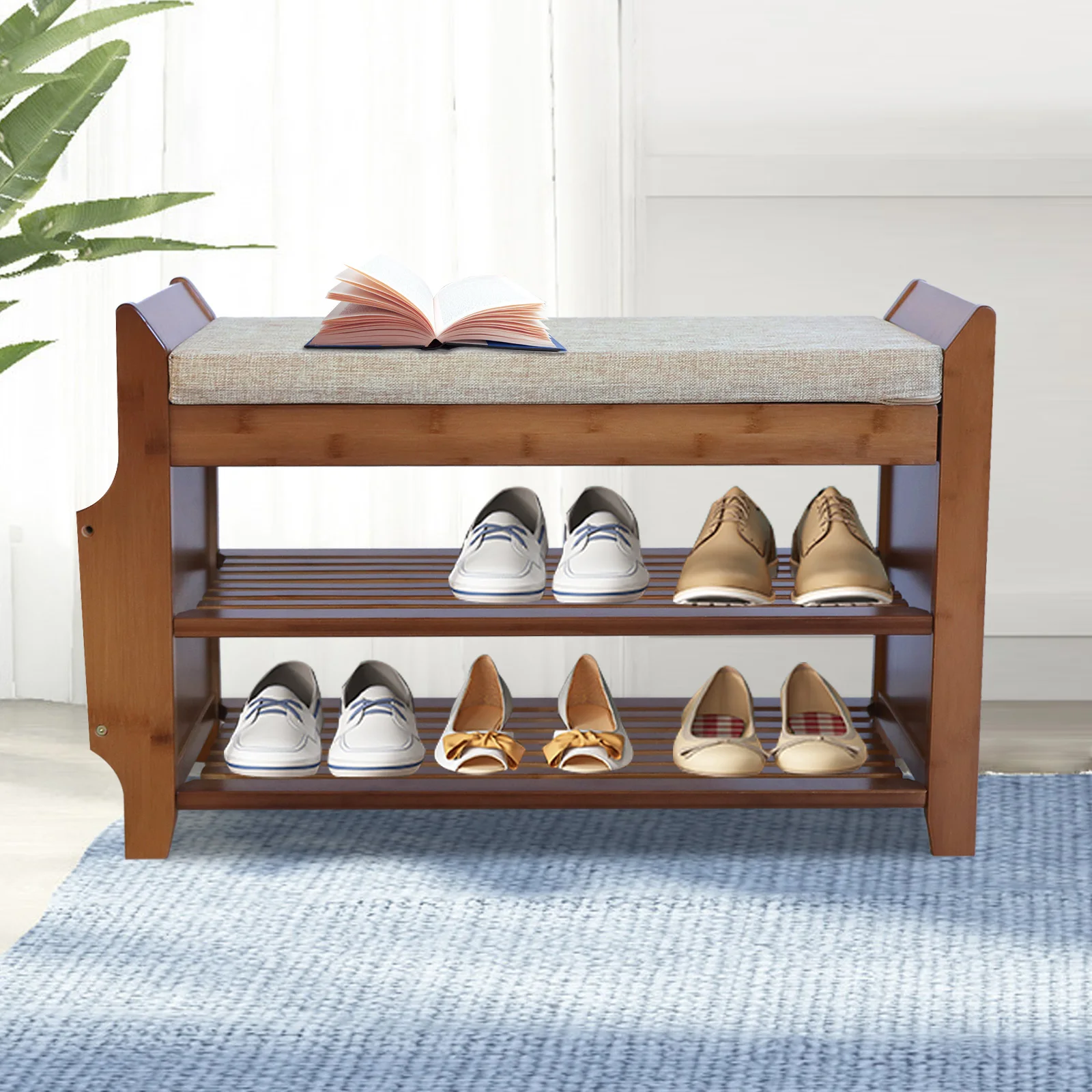 Bamboo Shoe Rack 2 Tiers Bench w/ Removable Cushion Entryway Organizer Shelf Home