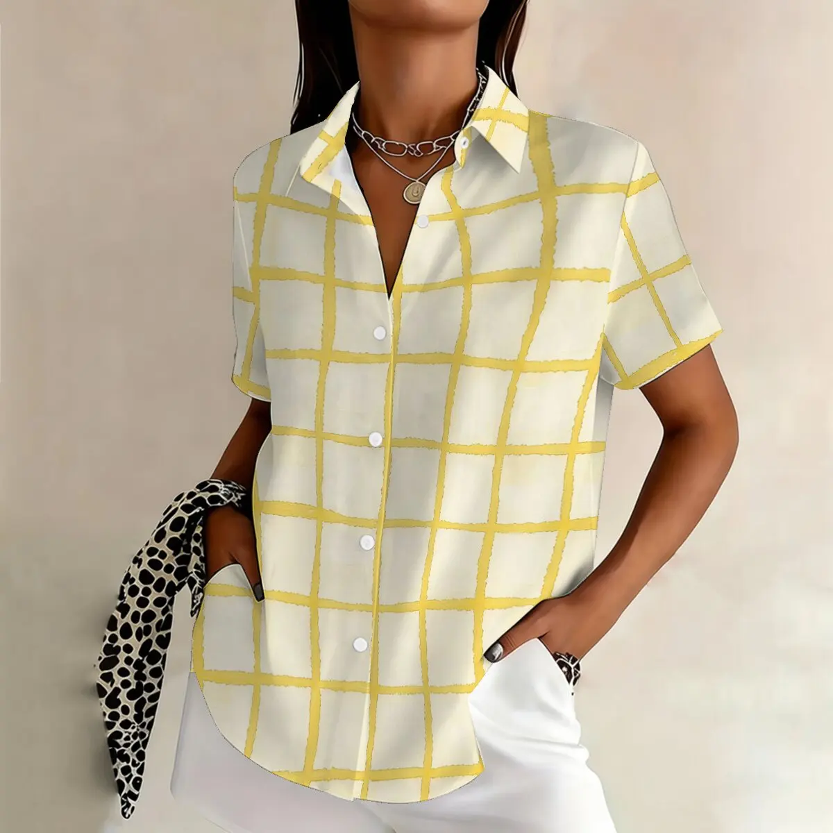 

Summer plus-size women's short-sleeve shirtyellow plaid,vibrant and age-reducing,suitable for campus,commuting and street