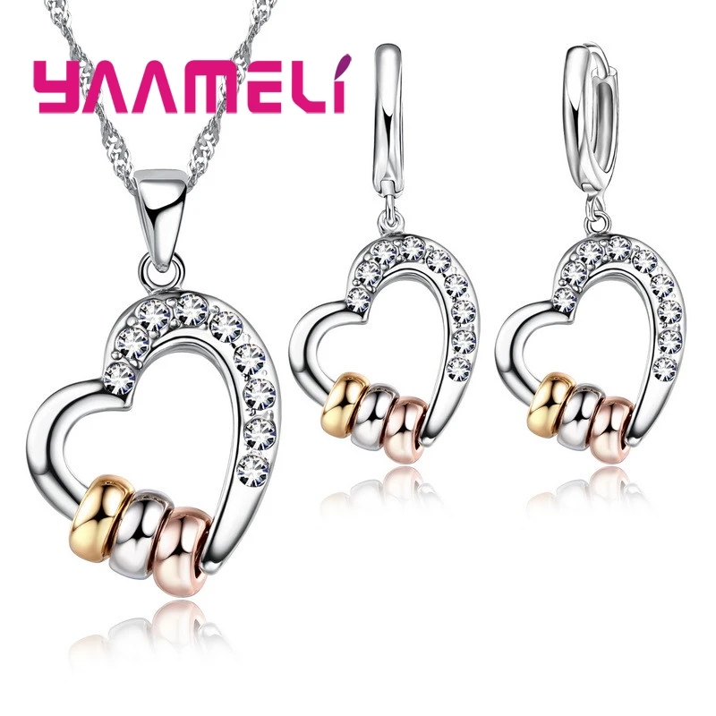 Elegant Christmas Gift Fine 925 Sterling Silver Hoop Earrings Pendant Necklace Sets Clear Shining Austrian Crystal Paved