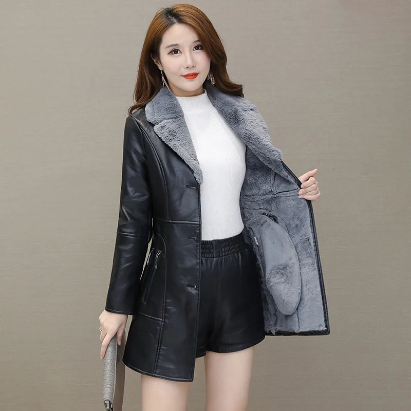 Women\'s Winter PU Leather Jacket Stay Warm Thickened Long Coat with Faux Fur Lining Slim Fit Outwear