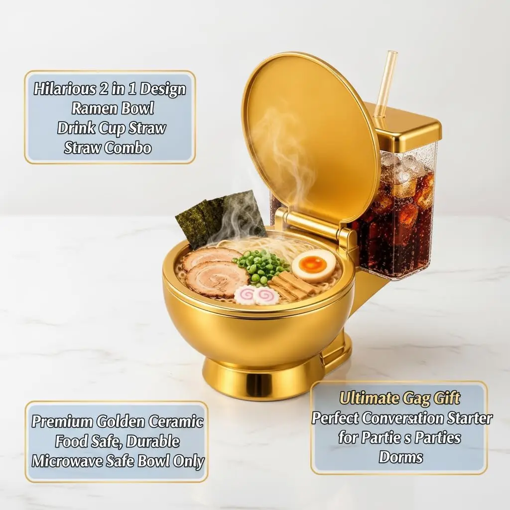 Toilet Ramen Bowl and Drink Cup with Straw Funny Noodle Soup Novelty Gift