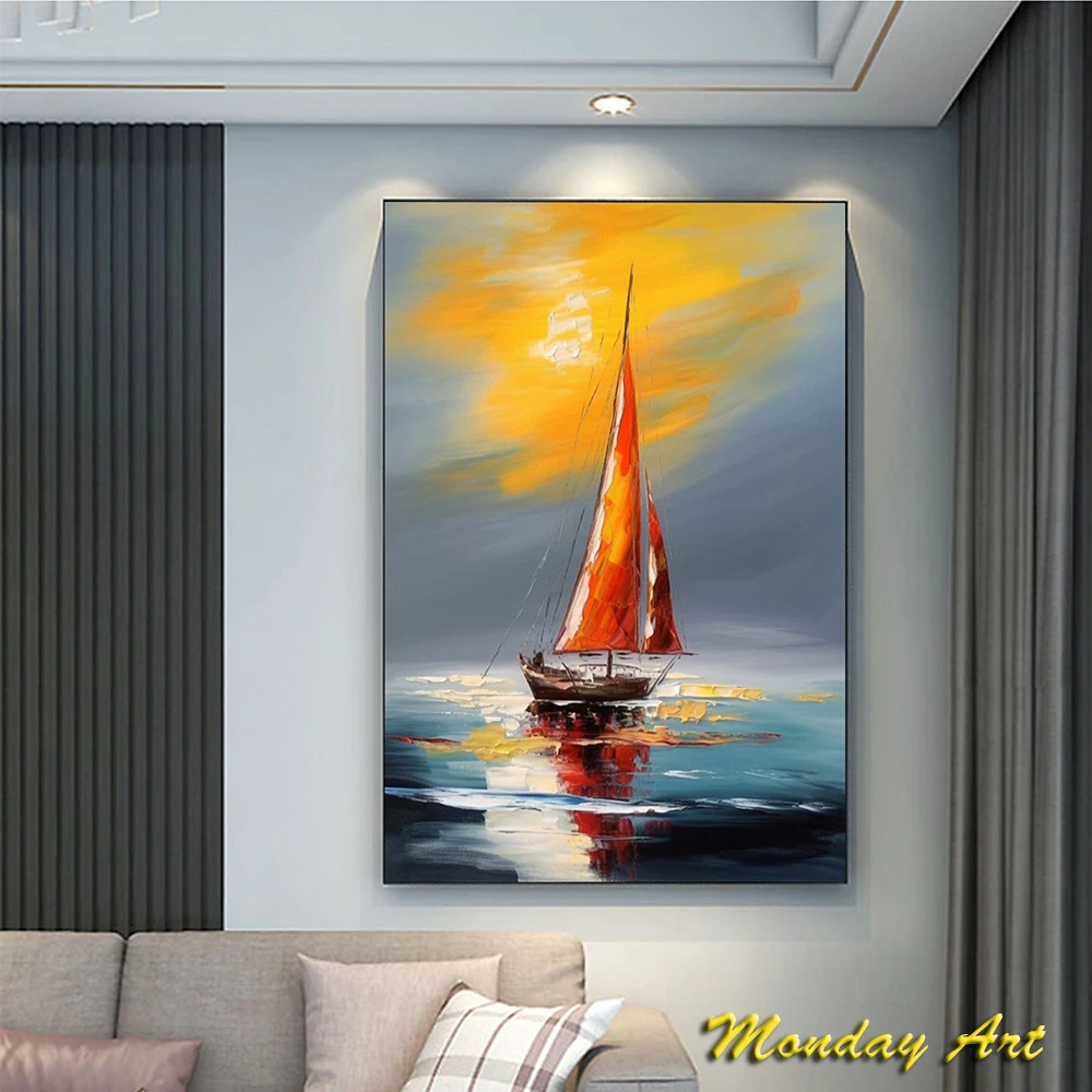 Hand Painted Oil Painting Nautical Canvas Wall Art Large Abstract Sailboat Oil Painting Modern Seascape Painting Bedroom Decor