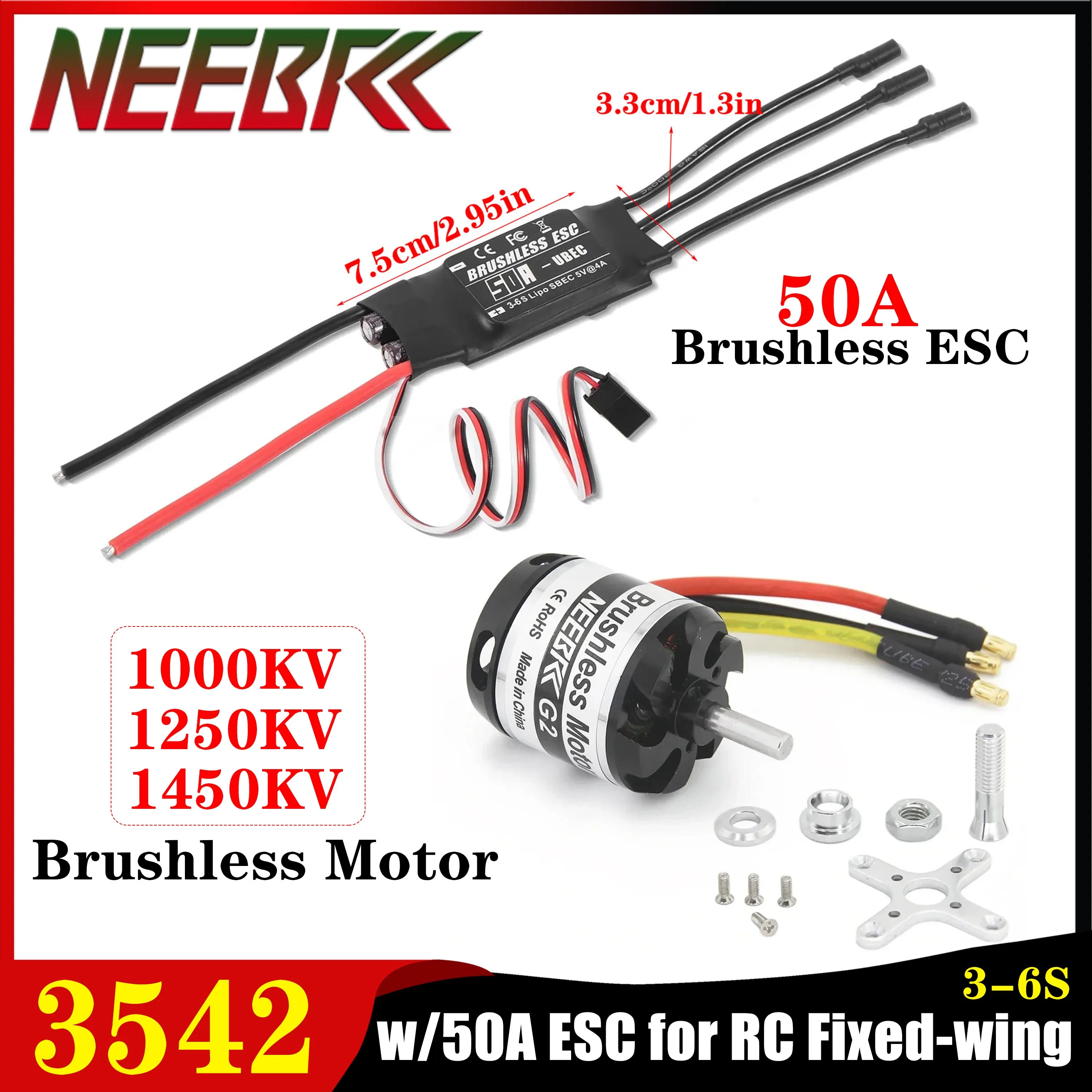 

NEEBRC 3542 1000KV 1250KV 1450KV Brushless Motor w/ 50A ESC Combo for RC Fixed-wing Drone Aircraft Quadcopter Plane Model Parts