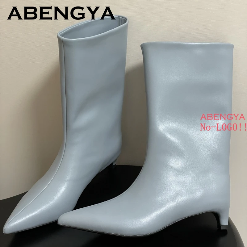 2025 Autumn Winter Kitten Heels Knee-High Boots Women Pointed Toe Real Leather Mid-calf Boots Fashion Knight Long Botas Mujer view 6