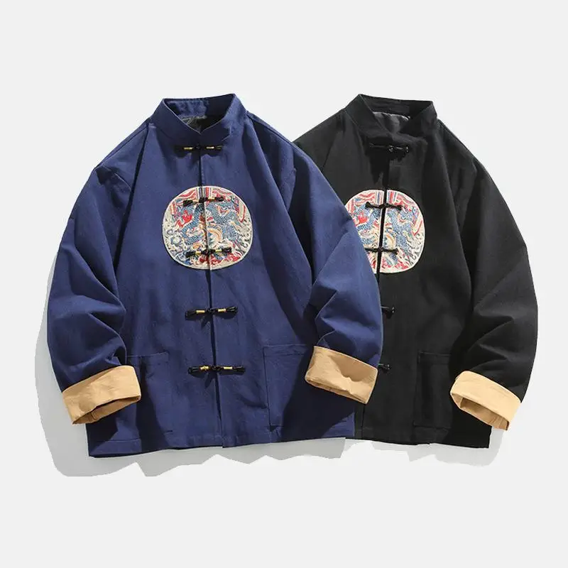 

Мужское джато с воротником-стойкой и вышивкой, китайское льняное весенне-осеннее дзен-чайное пальто, дышащее молодежное пальто свободного покроя