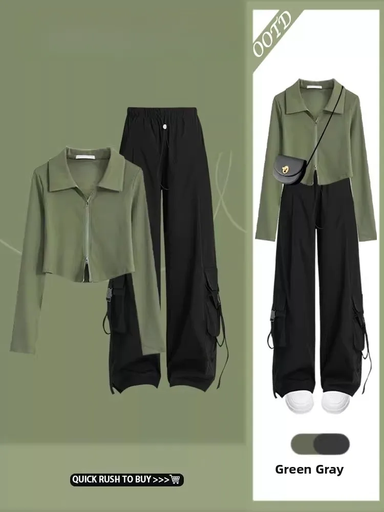 

Large Size Autumn Salt System Casual Women's Two-Piece Set High Waist Slimming Workwear Pants Zipper Top Korean Sle Anti-Aging