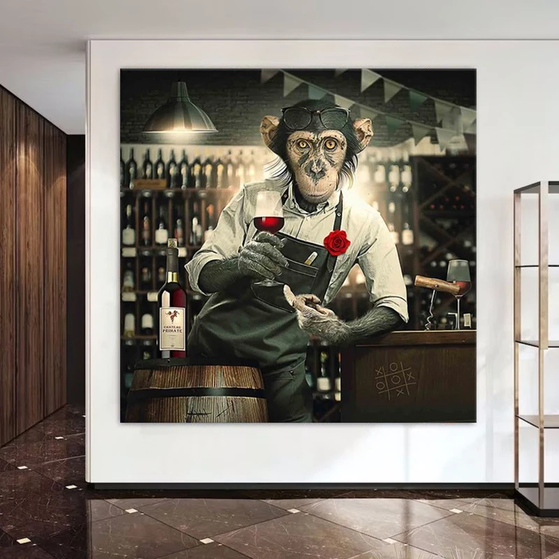 

Funny Bartender Monkey Poster Prints For Club Pub Wine Room Home Decor Drinking Cocktail Animal Gorilla Canvas Painting Wall Art