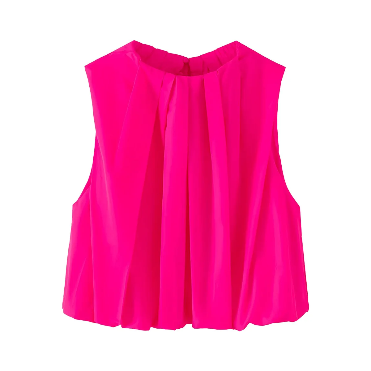 Women's Fashion Casual Sleeveless Balloon-Cut Top Women Neon Pink Sleeveless Pleated Cropped Blouse Round Neck Casual Top VQCG